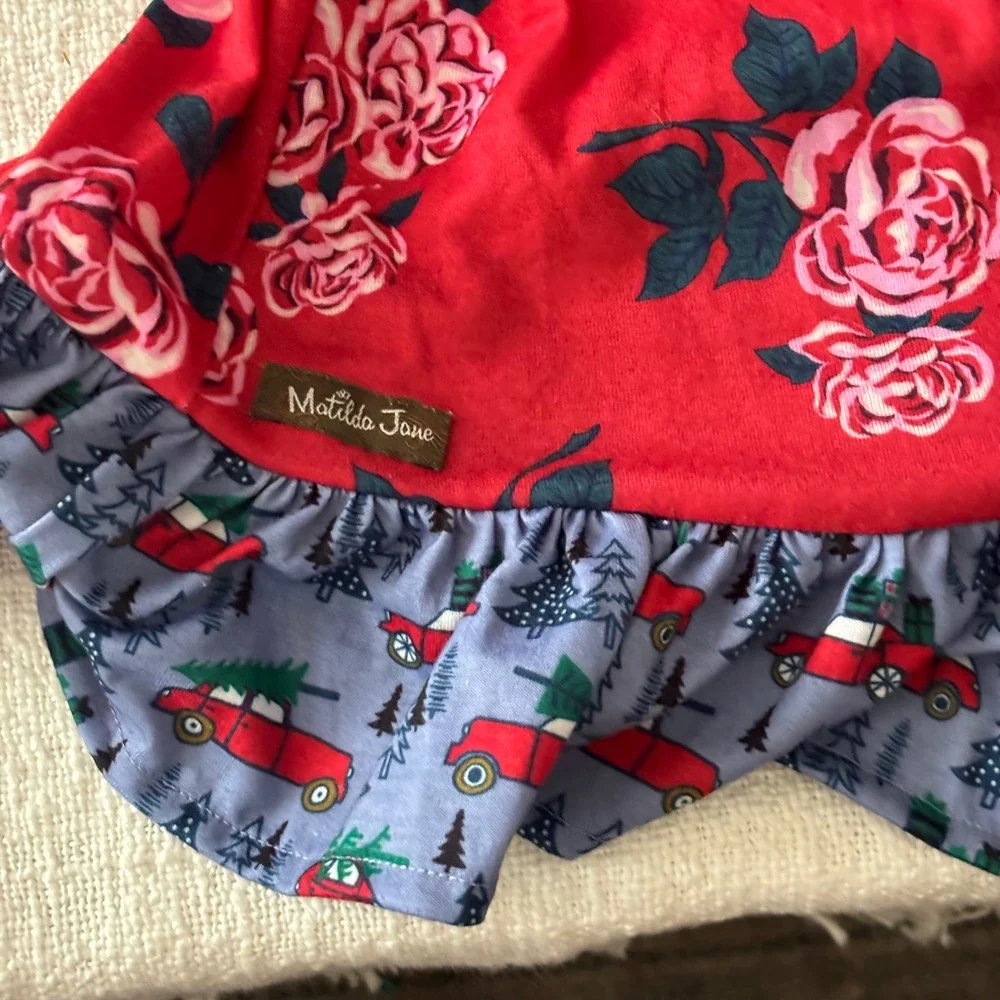 Matilda Jane Girls Red Floral Rose Christmas Truck Nightgown Size 6 Long Sleeve